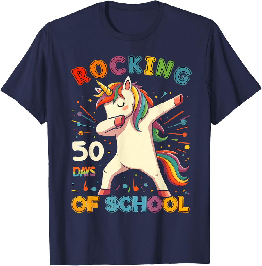 Rockin 50 Days of School 50th Day of School 50 Days Smarter T-Shirt - Navy Blue