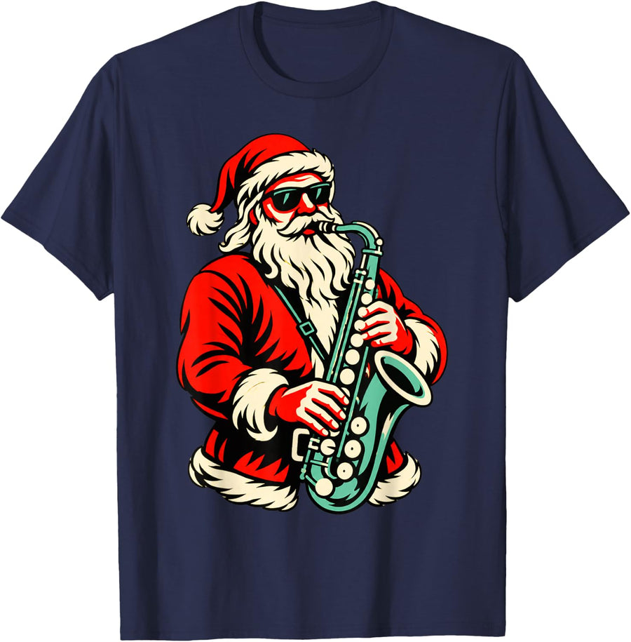 Saxophone Santa Claus Cool Sunglasses Christmas Jazz Soloist T-Shirt - Navy Blue