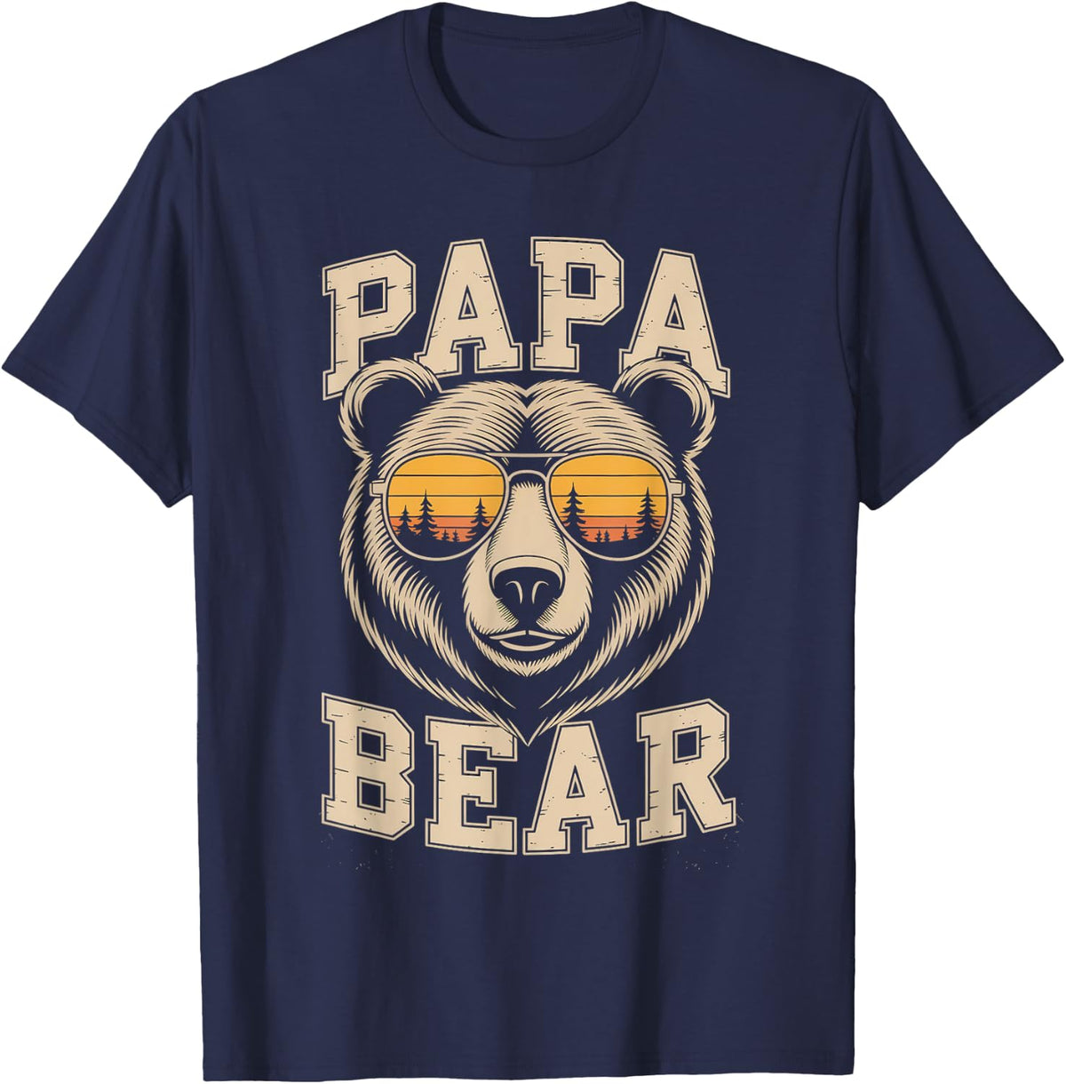 Papa Bear Retro Sunset Vintage Forest Shades T-Shirt - Navy Blue