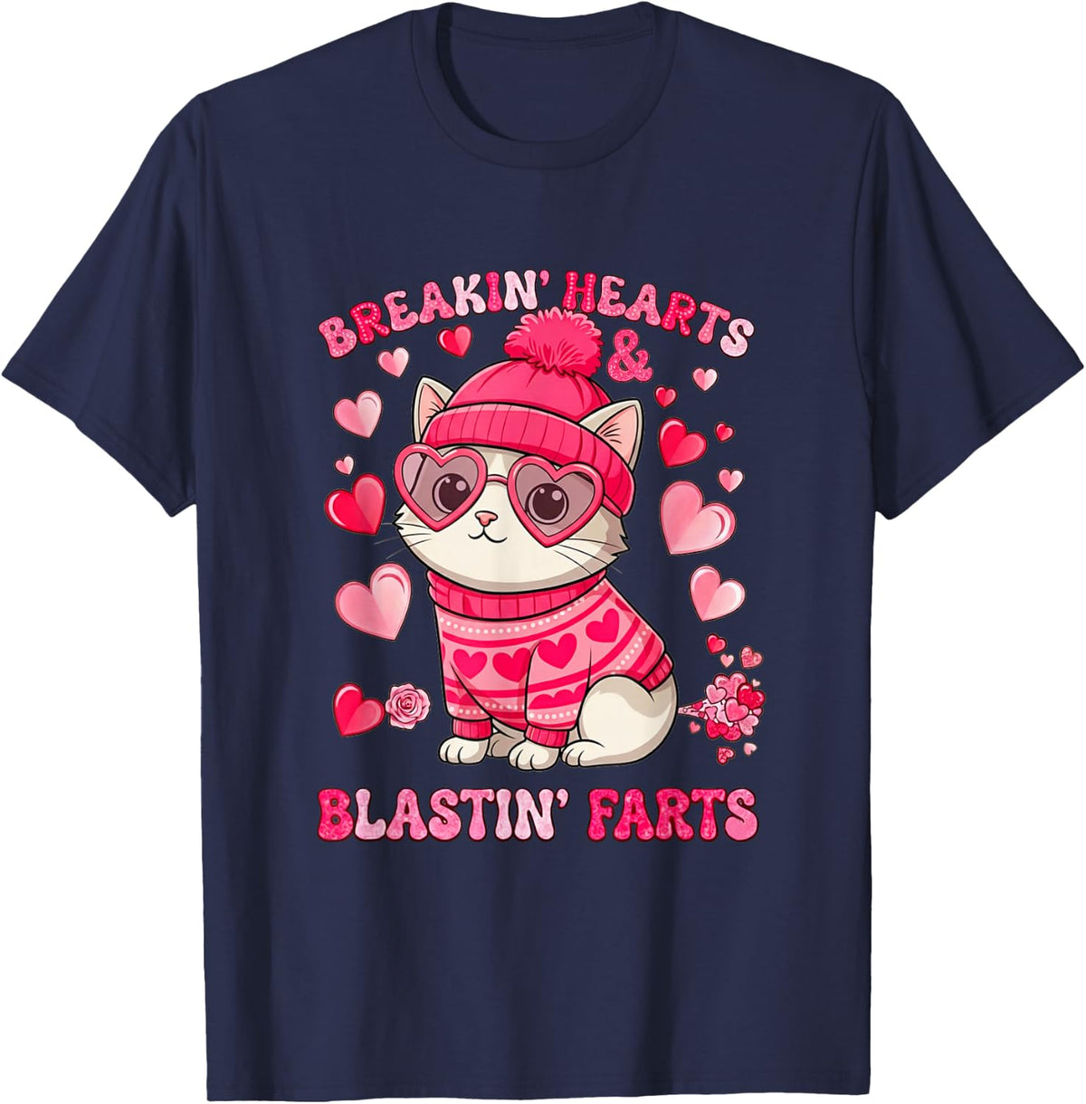 Funny Cat Breaking Hearts Blasting Farts Valentines Day T-Shirt - Navy Blue