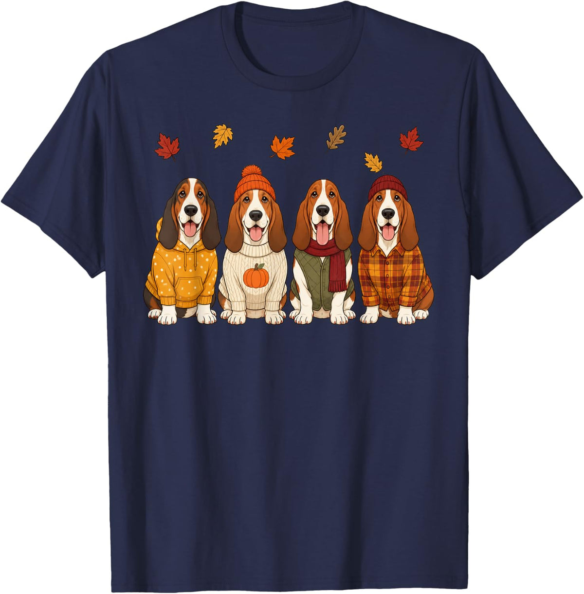 Basset Hound Fall Autumn Season Pumpkin Dog T-Shirt - Navy Blue