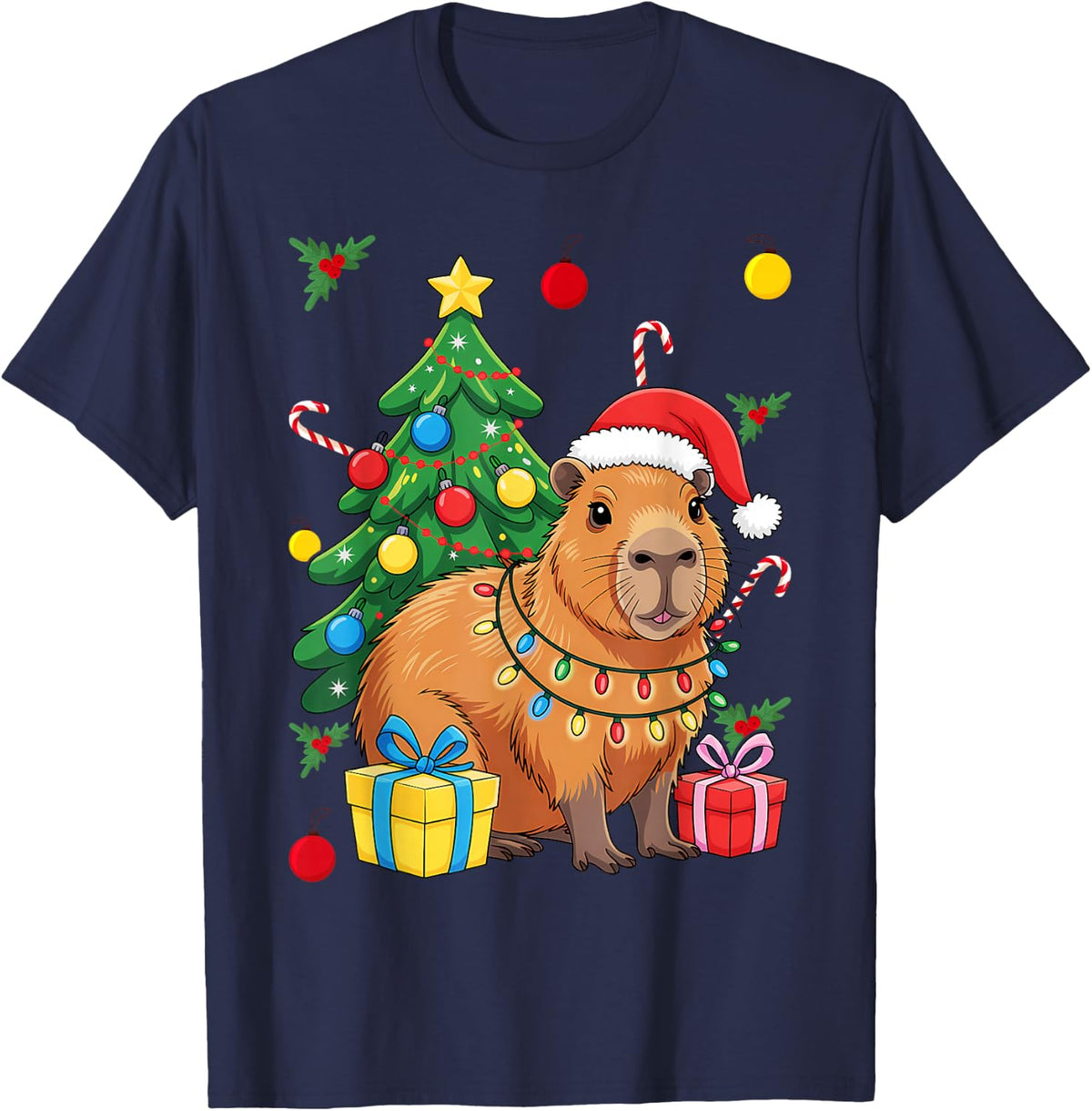 Lover Kids Women Cute Christmas Capybara T-Shirt - Navy Blue