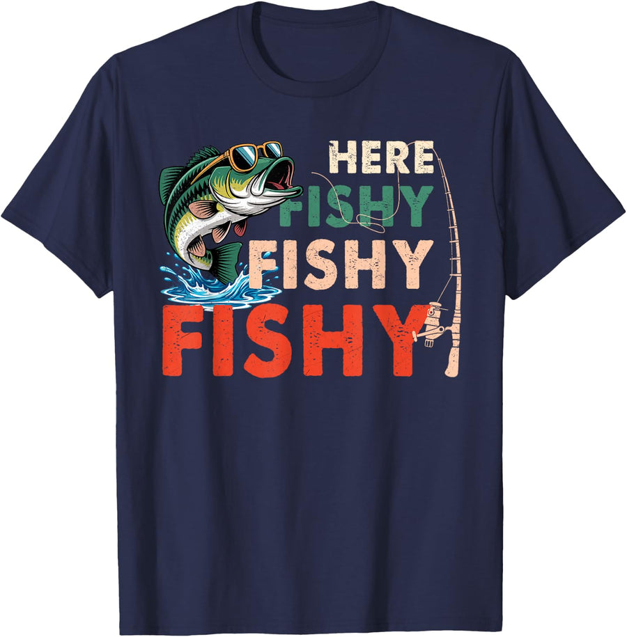 Fishing Here Fishy Retro Fish Lover Tee T-Shirt for Men Women Kids Fisherman - Navy Blue