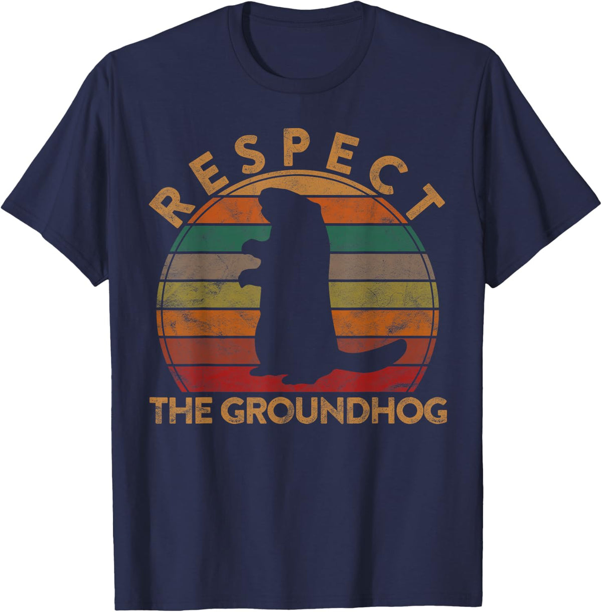 Respect The Ground Hog Sunset Gift Silhouette Groundhog Day T-Shirt - Navy Blue