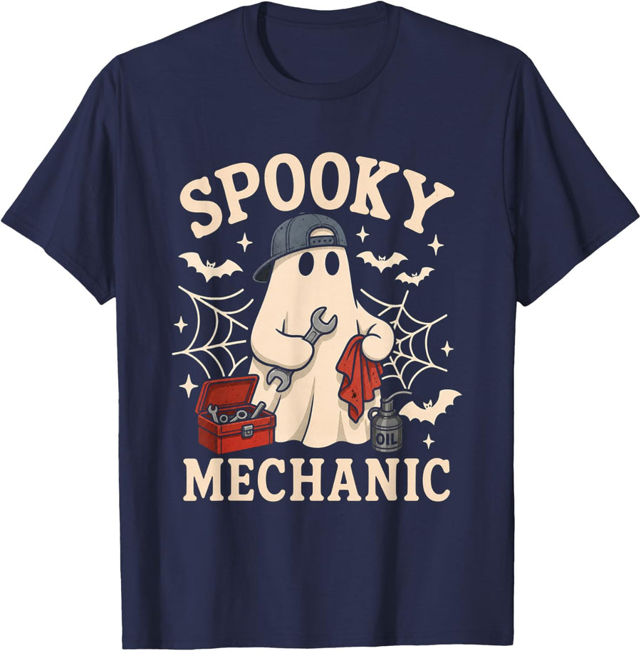 Spooky Mechanic Ghost Funny Halloween Auto Repair Garage T-Shirt - Navy Blue
