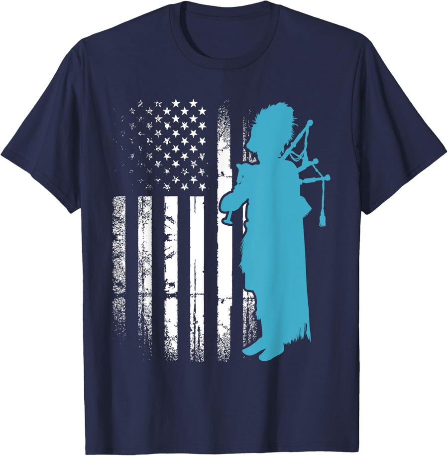 Patriotic USA Flag Bagpiper Bagpipe Player Scottish Musician T-Shirt - Navy Blue