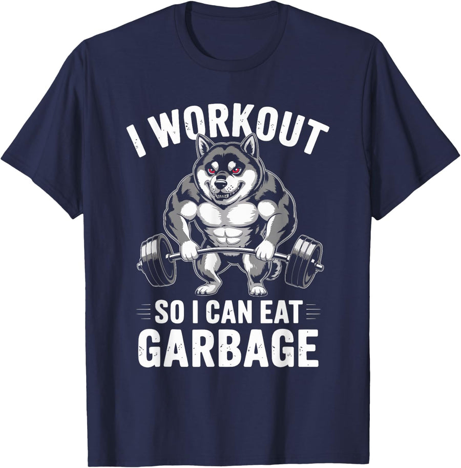 Shiba Inu I Work Out So I Can Eat Funny Weight Training T-Shirt - Navy Blue