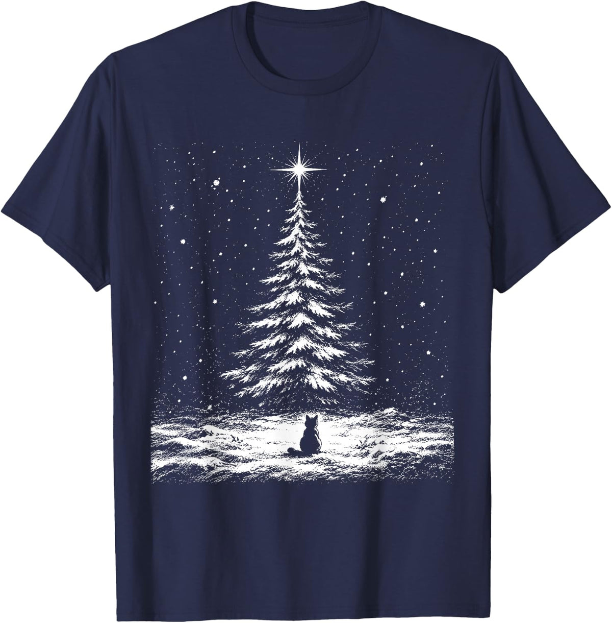 Christmas Black Cat Through The Snow Vintage Cat Christmas T-Shirt - Navy Blue
