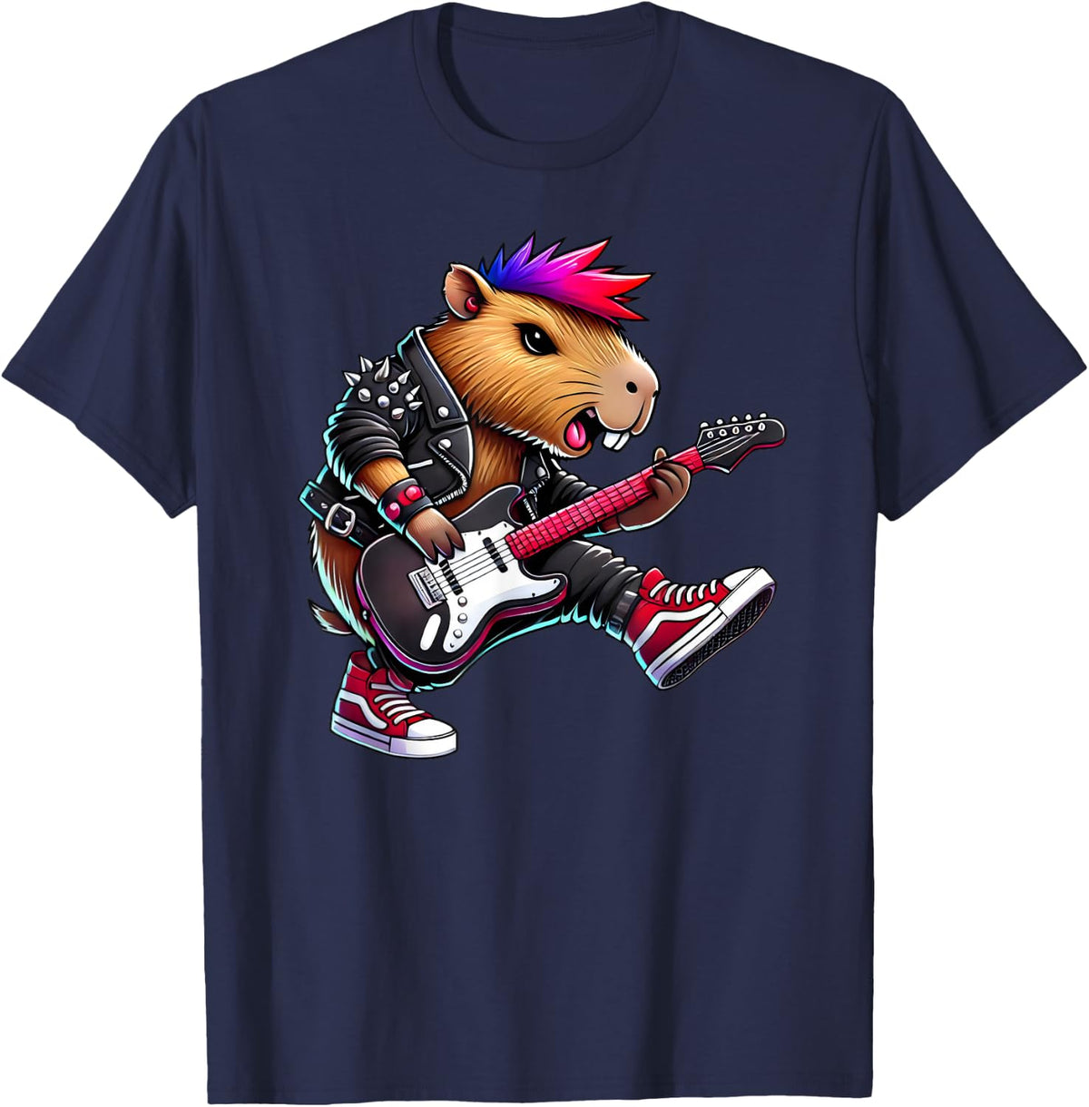 Cute Punk Capybara, Rock'n Roll Guitar Band Music Rock Kids T-Shirt - Navy Blue