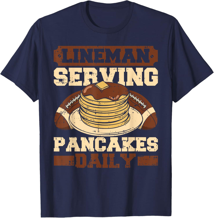 Lineman Serving Pancakes Daily Football Team Player Coach T-Shirt - Navy Blue