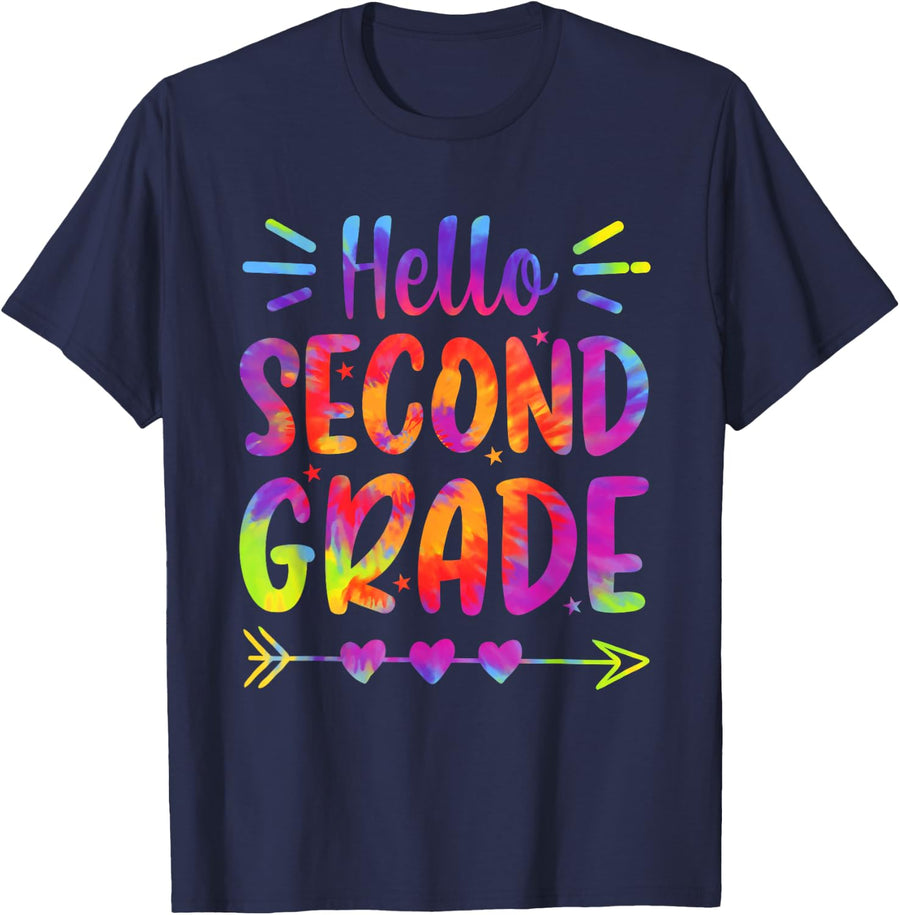Hello Second Grade Tie Dye Teacher Kids Back to School Funny T-Shirt - Navy Blue