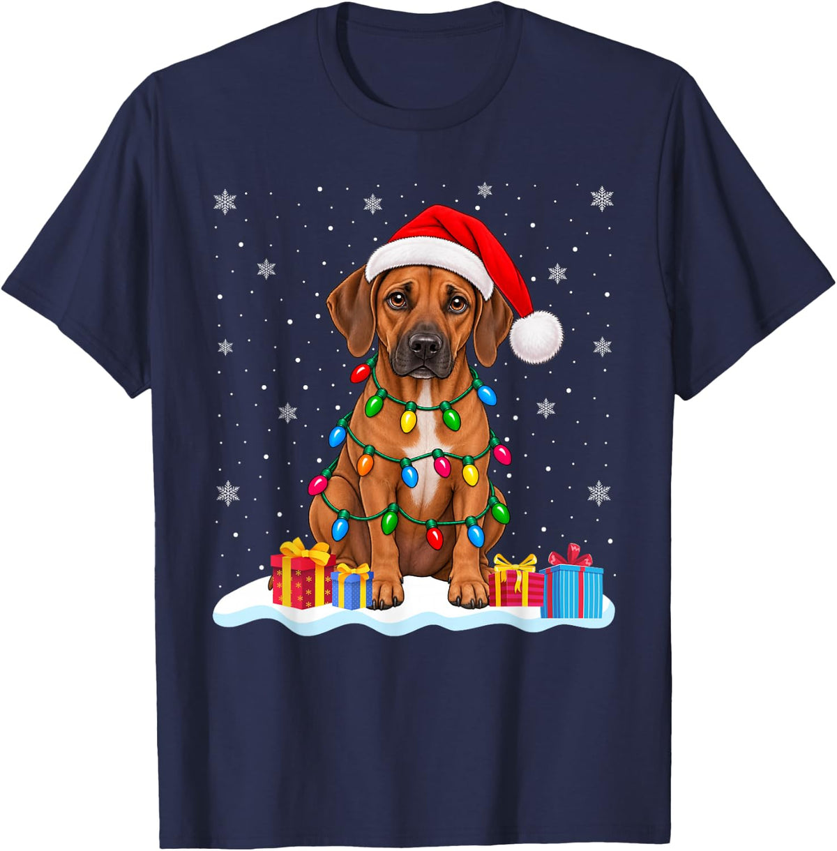 Funny Rhodesian Ridgeback Christmas Sweater Santa Hat Dog T-Shirt - Navy Blue