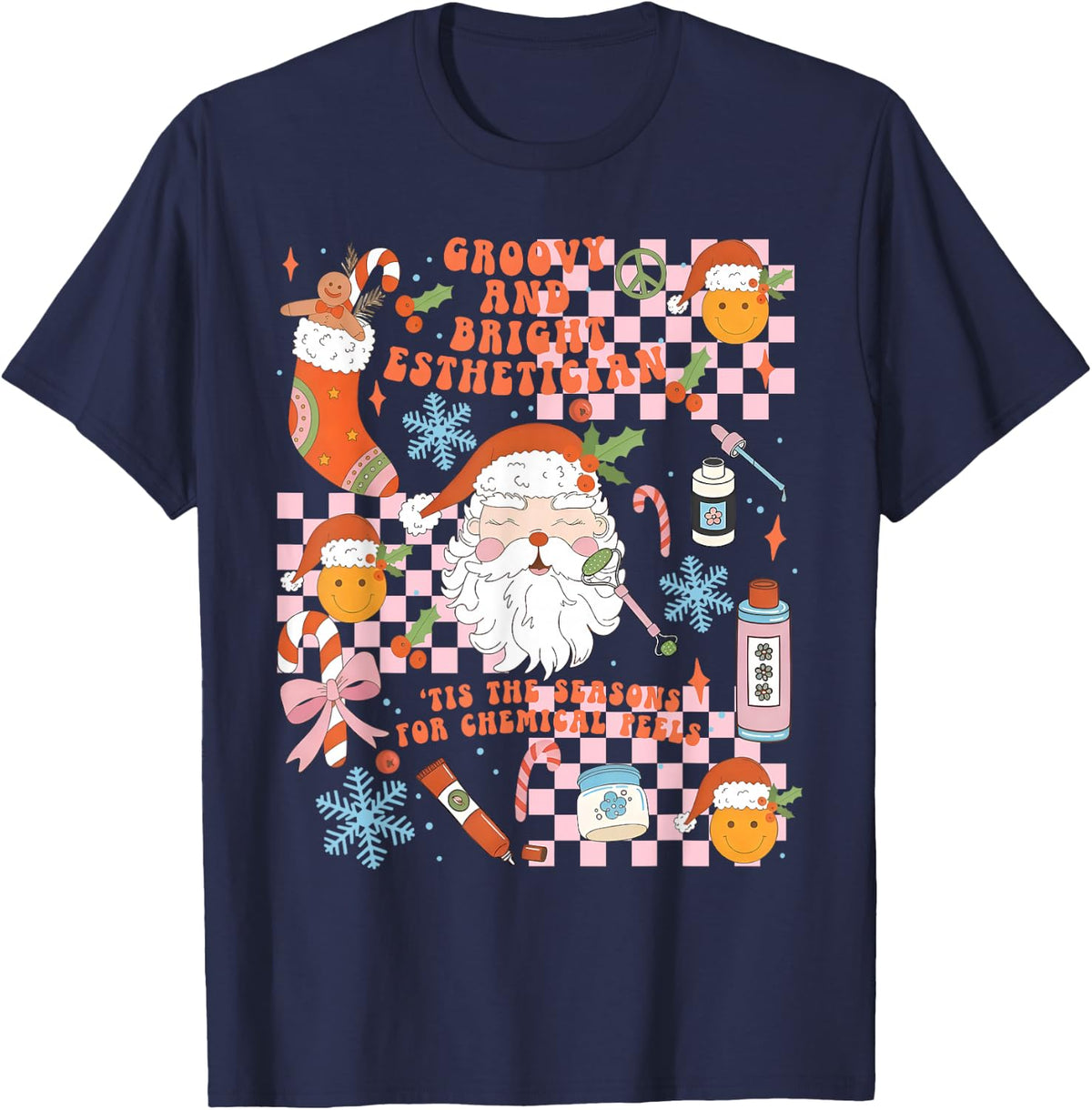 Groovy & Bright Aesthetician Christmas Skin Therapist Xmas T-Shirt - Navy Blue