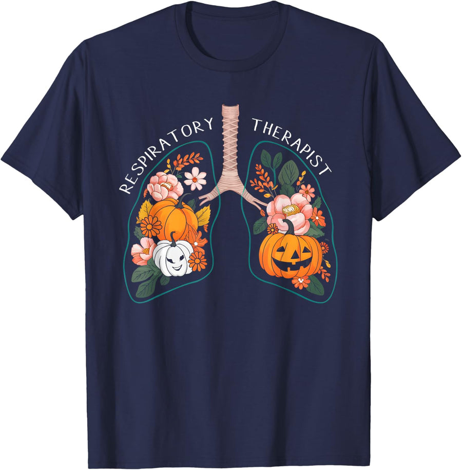 Respiratory Therapist RT Lung Floral Pumpkin Halloween T-Shirt - Navy Blue