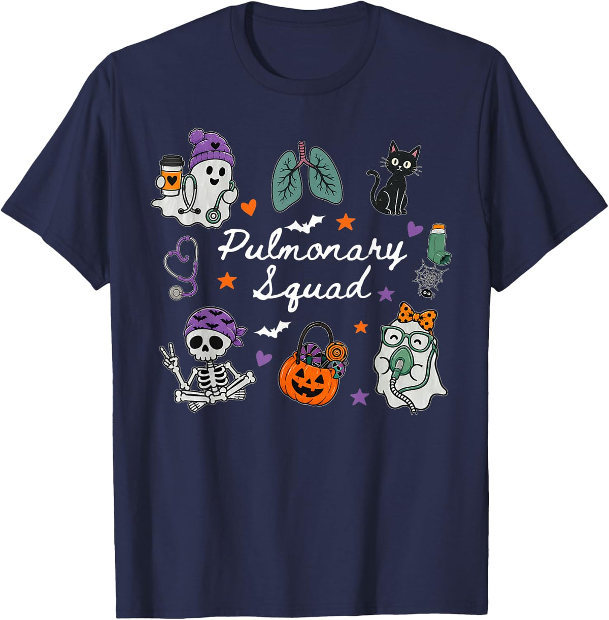 Pulmonary Squad Halloween Spooky Respiratory Therapist Ghost T-Shirt - Navy Blue