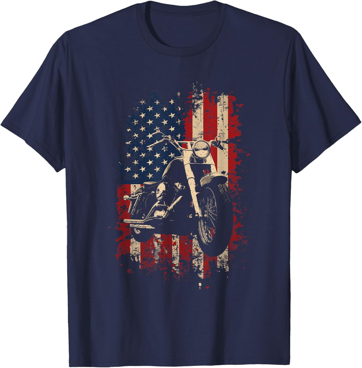 Retro Style Motorcycle Patriotic Flag Lovers Biker USA Men T-Shirt - Navy Blue