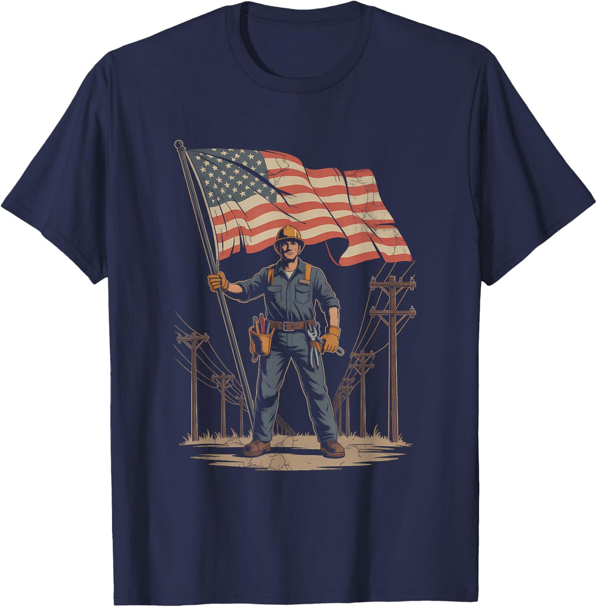 Patriotic Utility Lineman Labor Day American Flag T-Shirt - Navy Blue