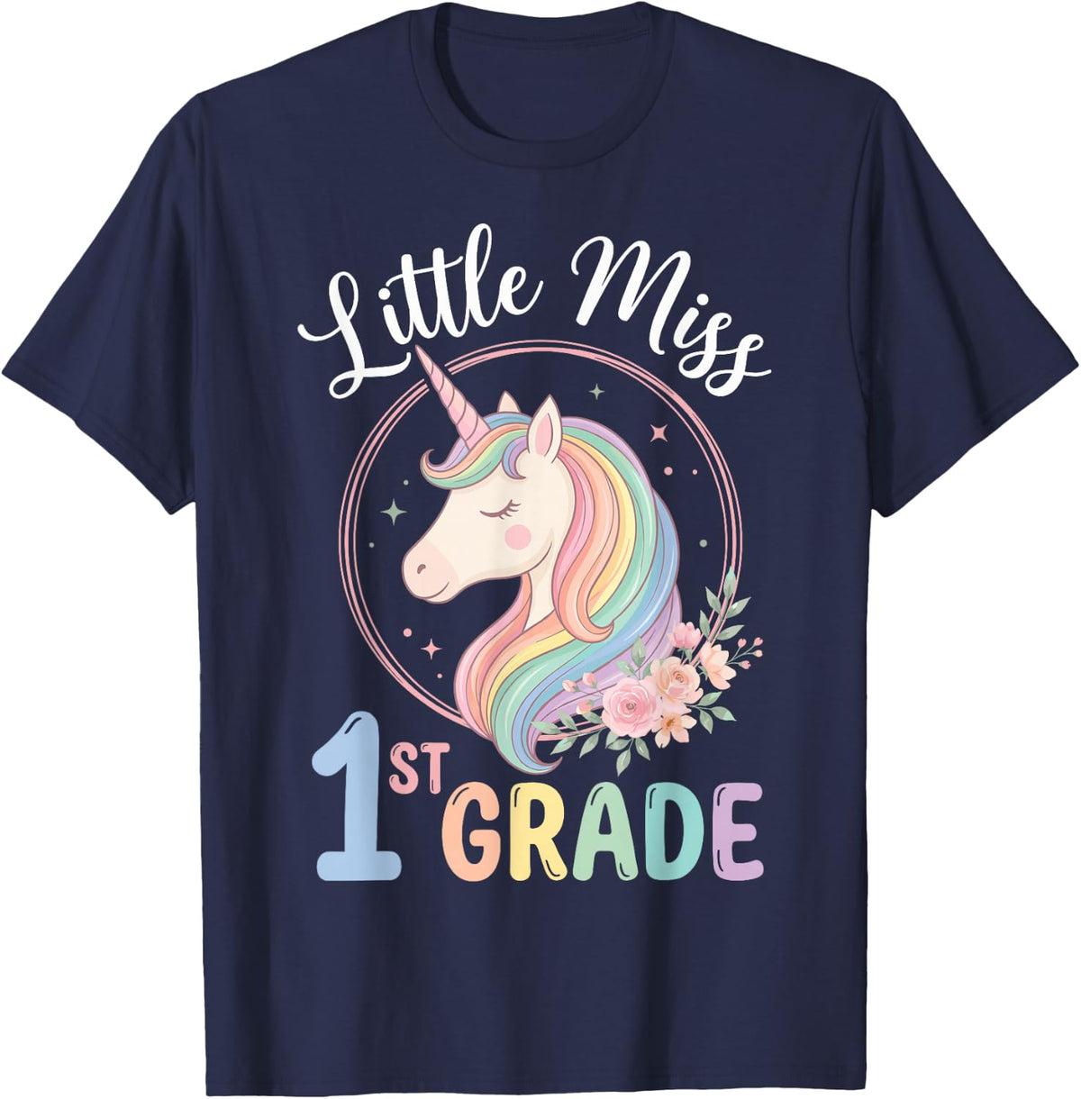 Little Miss 1st First Grade Back to School Unicorn Girl Tee T-Shirt - Navy Blue