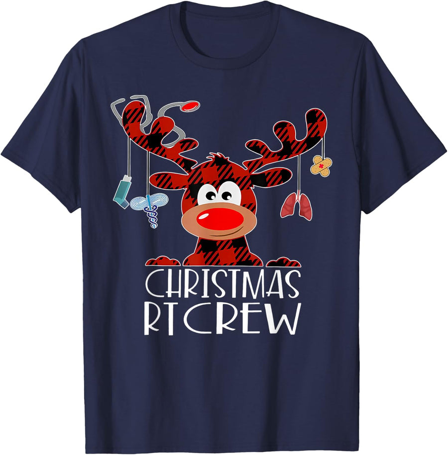 Buffalo Plaid Deer Christmas RT Crew Respiratory Therapist T-Shirt - Navy Blue