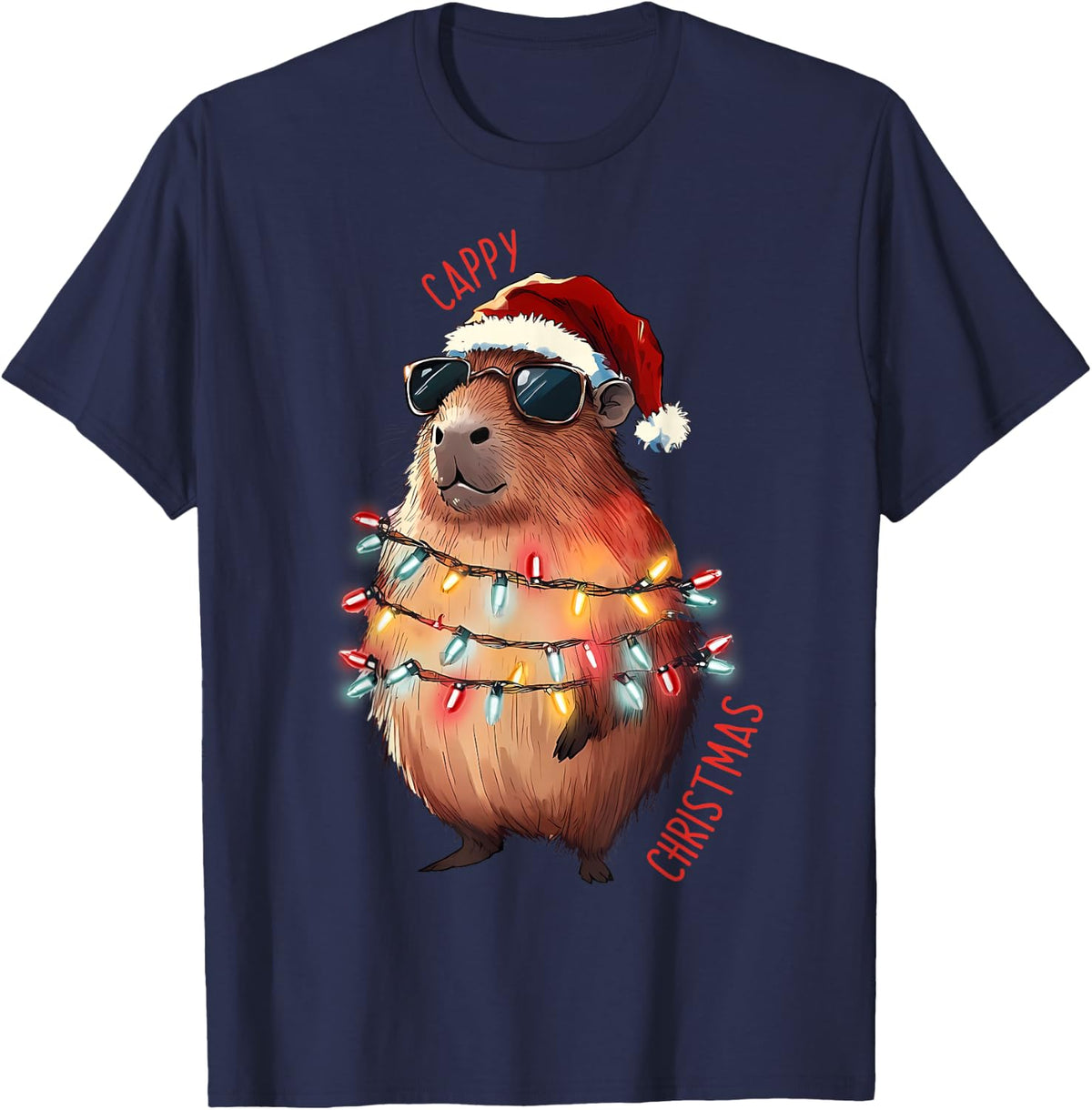 Cute Capybara Christmas Lights With sunglass Animal Lover T-Shirt - Navy Blue