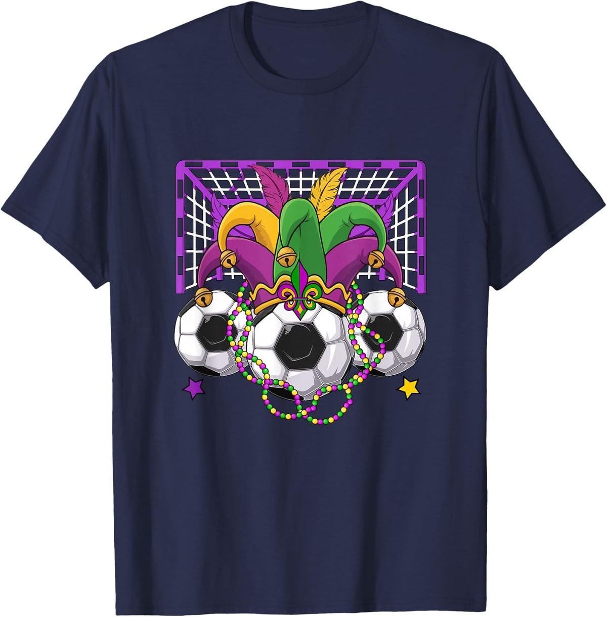 Soccer Equipment Player Team Mardi Gras Jester Hat Parade T-Shirt - Navy Blue