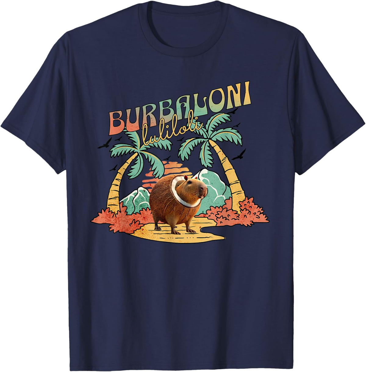 Burbaloni Luliloli Brainrot Meme Capybara Inside a Coconut T-Shirt - Navy Blue