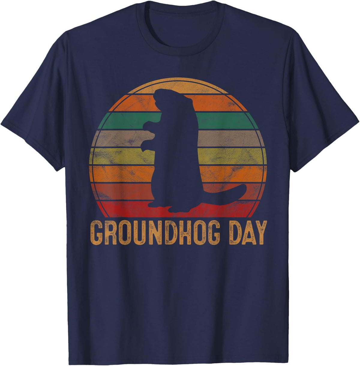 Vintage Groundhog Day Sunset Gift Fun Ground Hog Silhouette T-Shirt - Navy Blue
