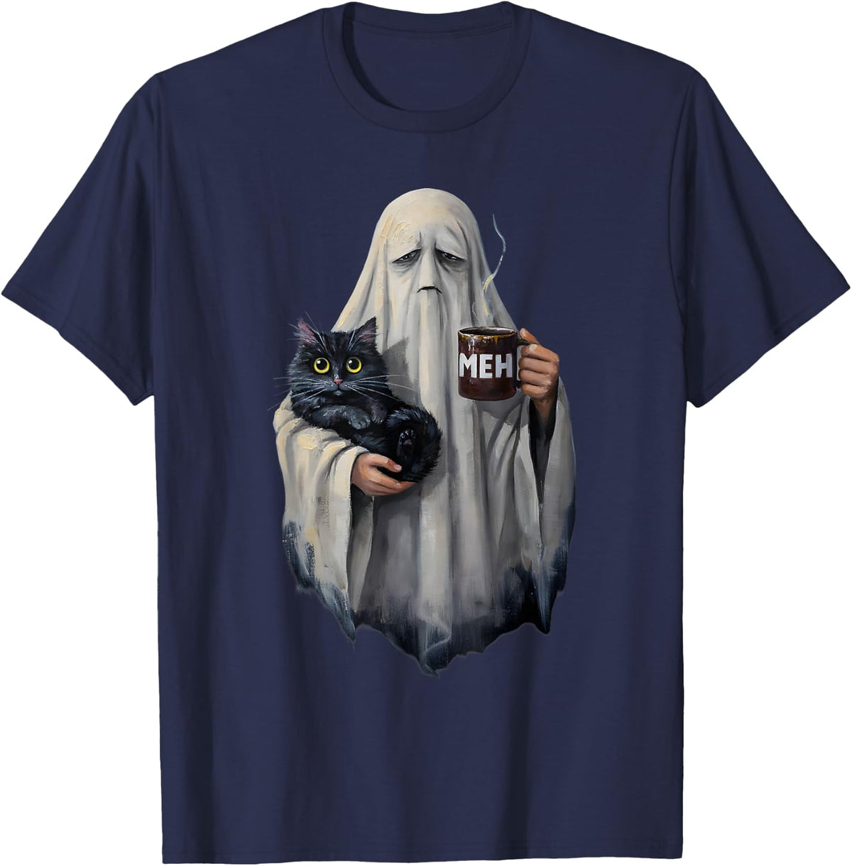 Funny Spooky Boojee Ghost Black Cat Halloween Coffee Lover T-Shirt - Navy Blue