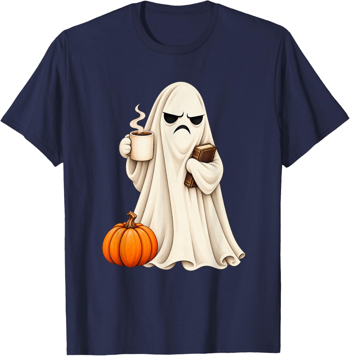 Grumpy Ghost Holding Coffee Book Lover Halloween Spooky T-Shirt - Navy Blue