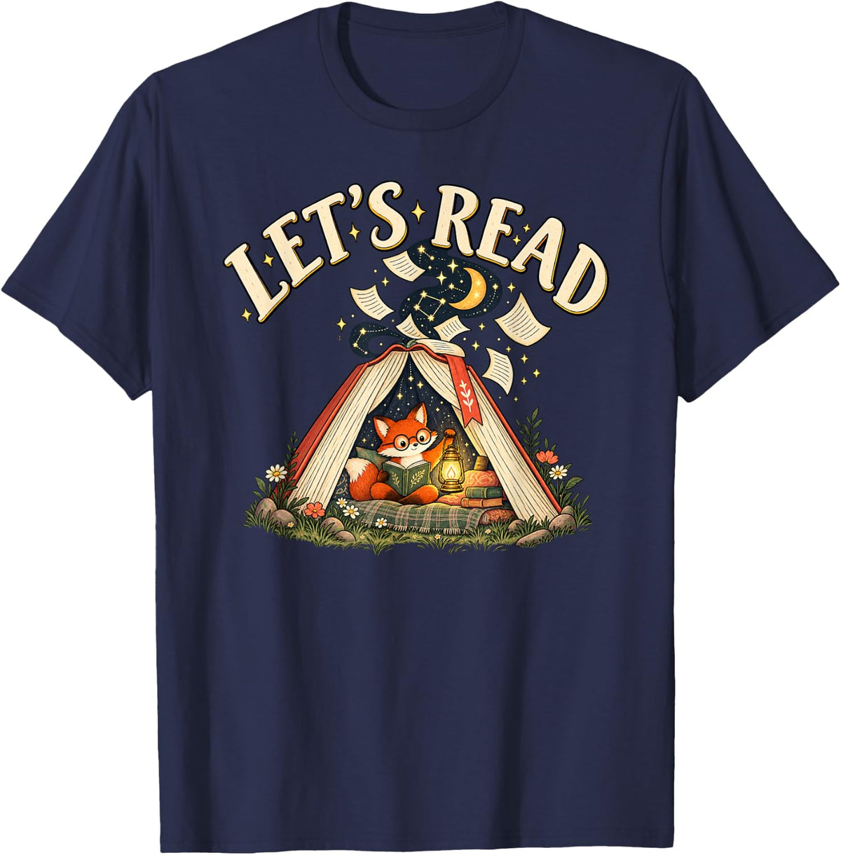 Lets Read Cute Fox Book Lover Reading Storybook Teacher T-Shirt - Navy Blue