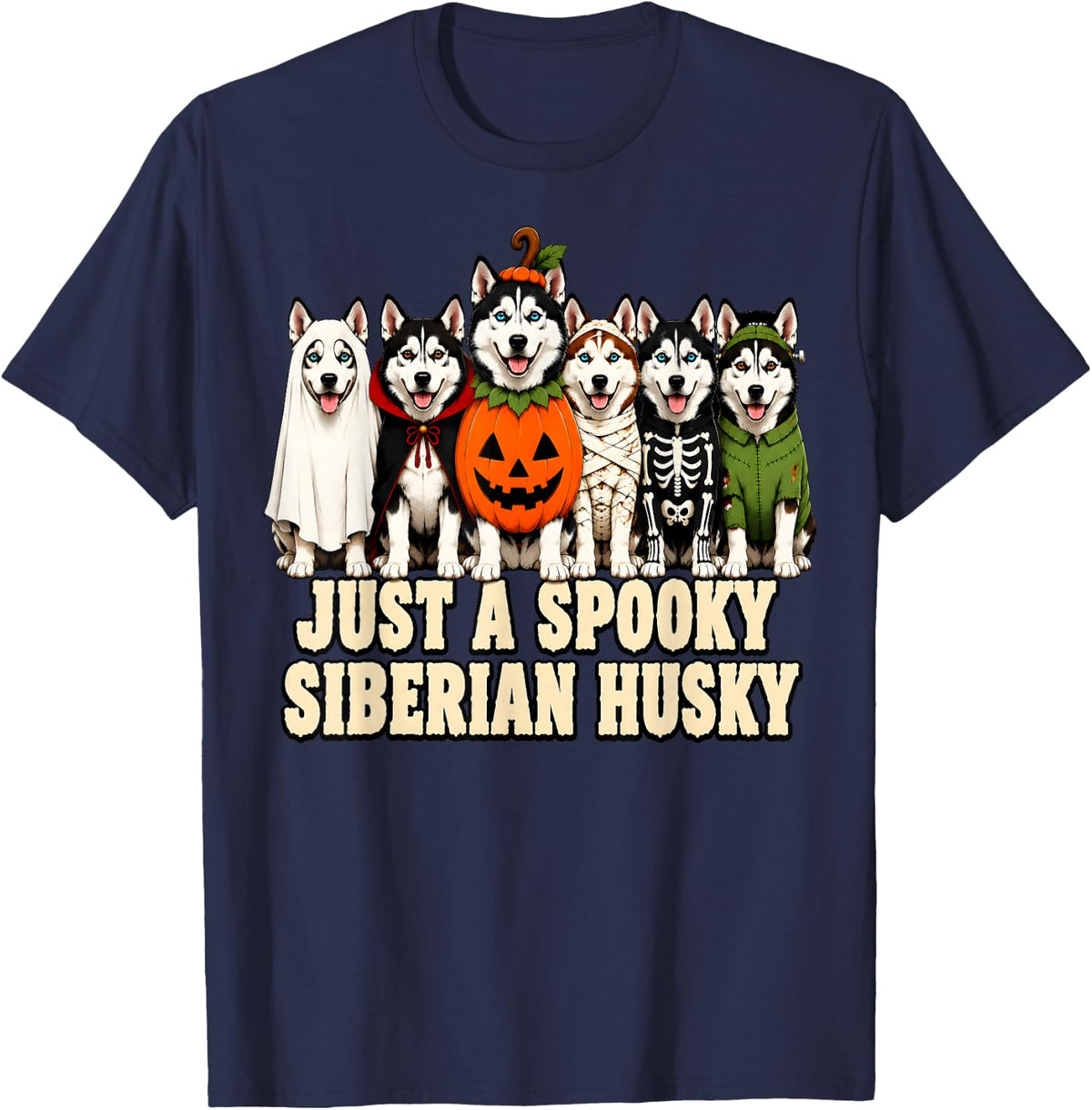 Just A Spooky Siberian Husky Pumpkin Ghost Halloween Dog T-Shirt - Navy Blue