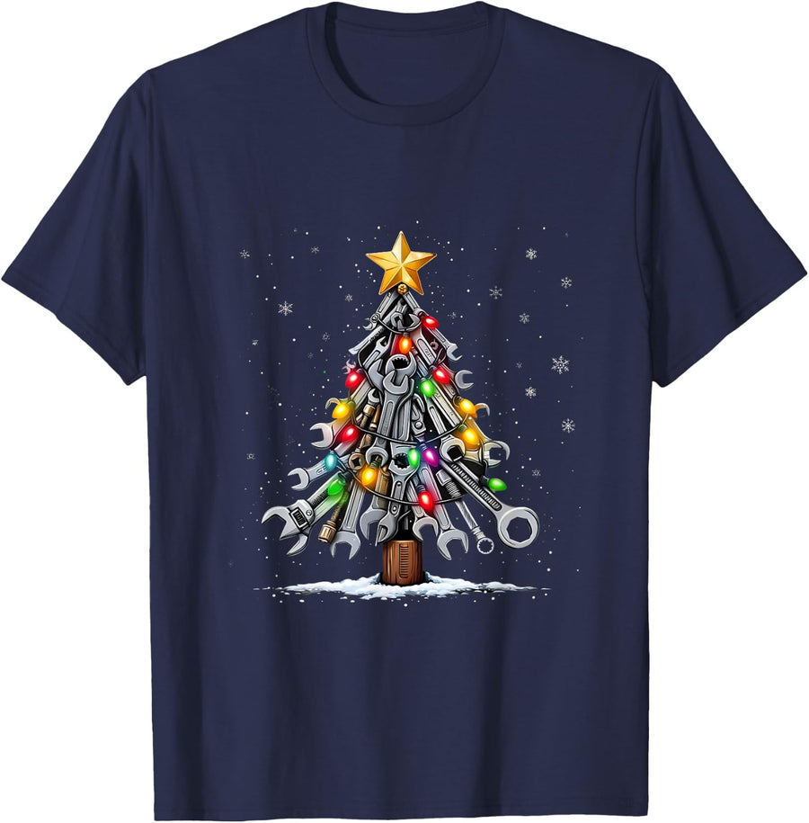 Car Mechanic Christmas Tree Wrench Tools Men Xmas Holiday T-Shirt - Navy Blue