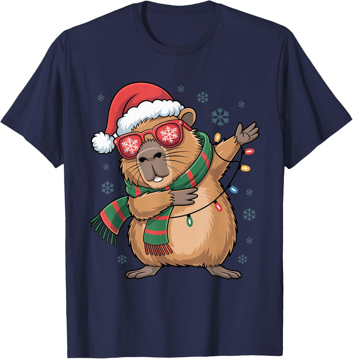 Dabbing Capybara Christmas Santa Hat Funny Holiday Design T-Shirt - Navy Blue
