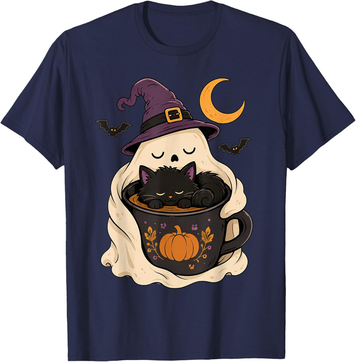 Ghost Cat Spooky Black Fun Halloween Coffee Lover Cat Lover T-Shirt - Navy Blue