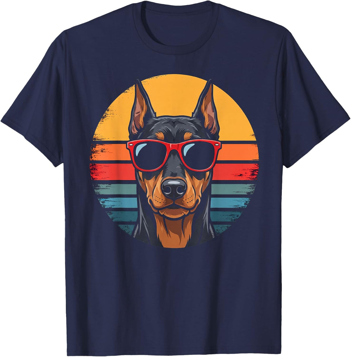 Doberman Pinscher Sunglasses Retro Sunset Cool Dog Lover T-Shirt - Navy Blue