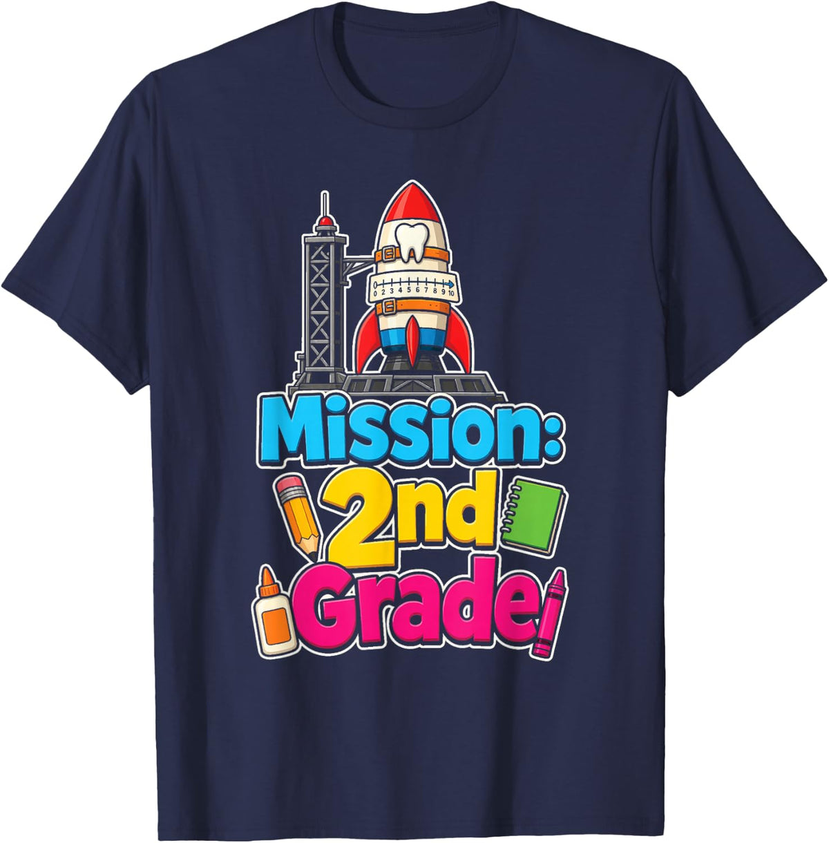 2nd Grade Mission Countdown Rocket Elementary School T-Shirt - Navy Blue