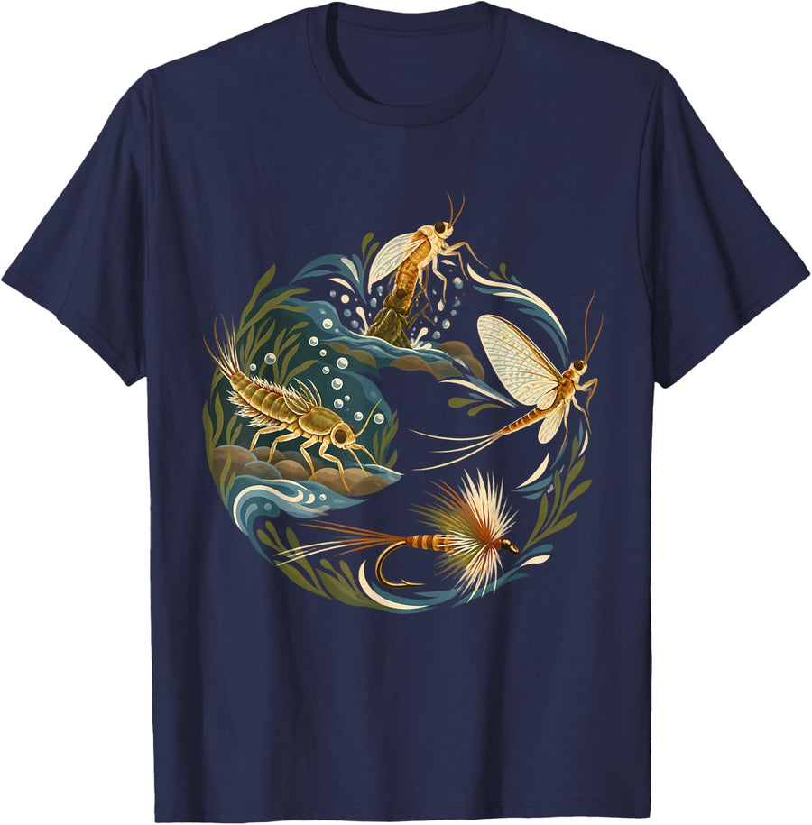 Mayfly Life Cycle Trout Fly Fishing Nature Illustration T-Shirt - Navy Blue