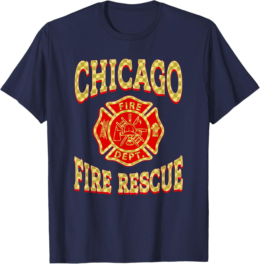 Retro Fire Department Chicago Firefighter Flag Rescue Tee T-Shirt - Navy Blue