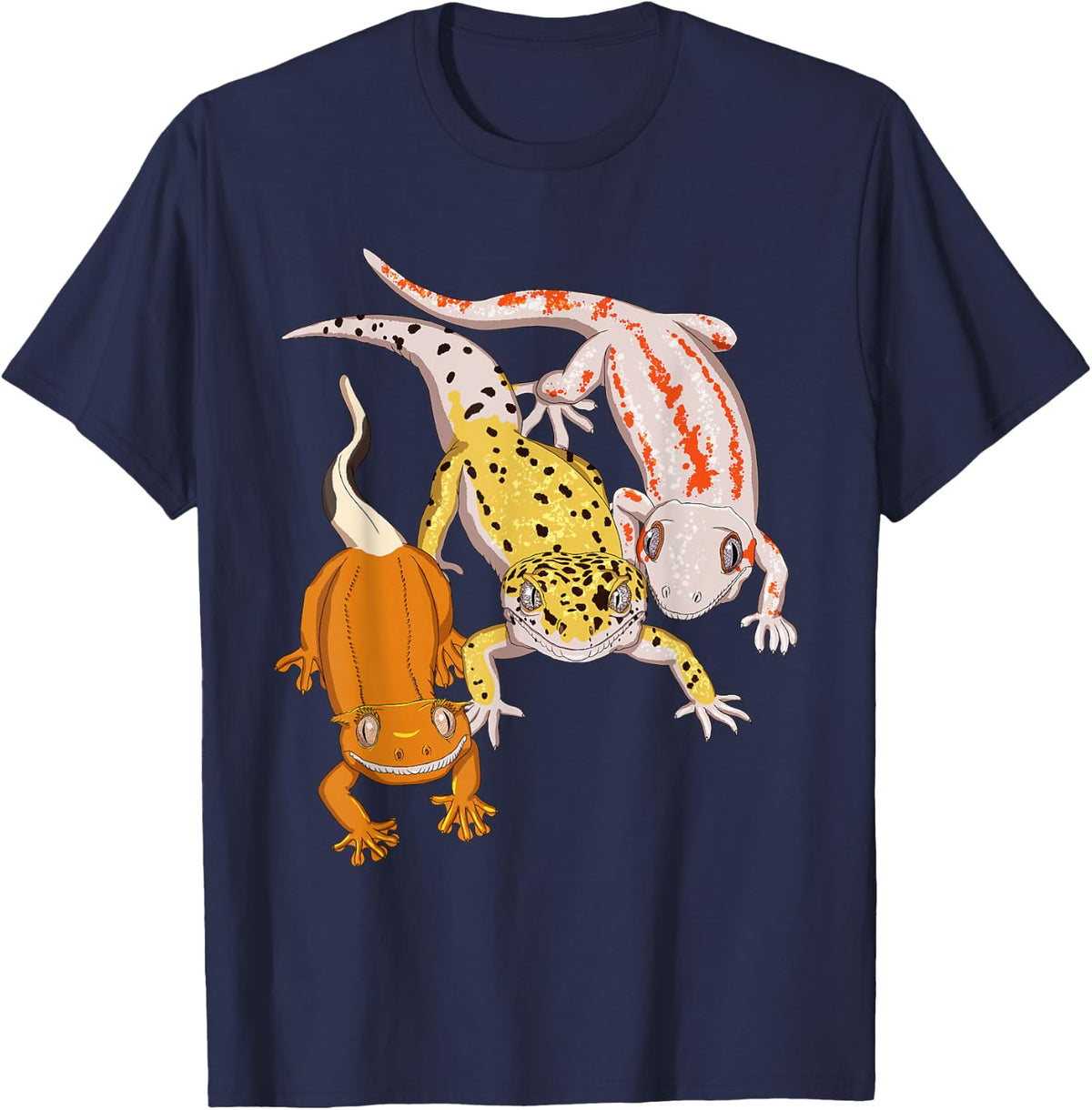 Funny Crested Gecko and Gargoyle Gecko and Leopard Gecko T-Shirt - Navy Blue