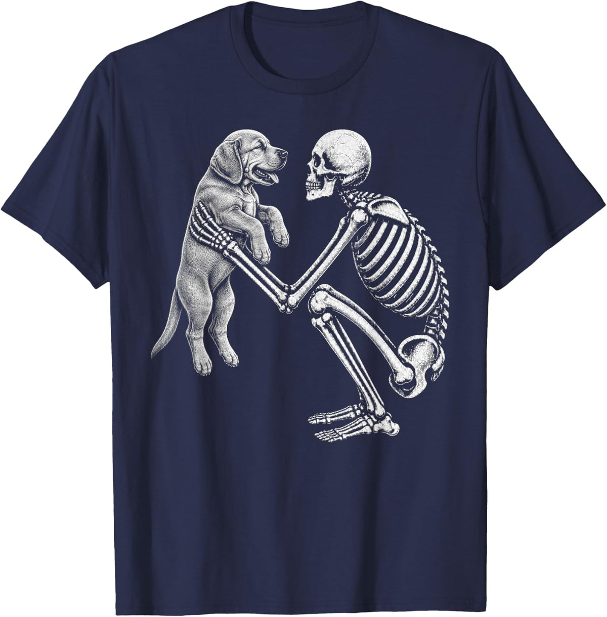Skeleton Holding Rhodesian Ridgeback Retro Halloween Dog T-Shirt - Navy Blue