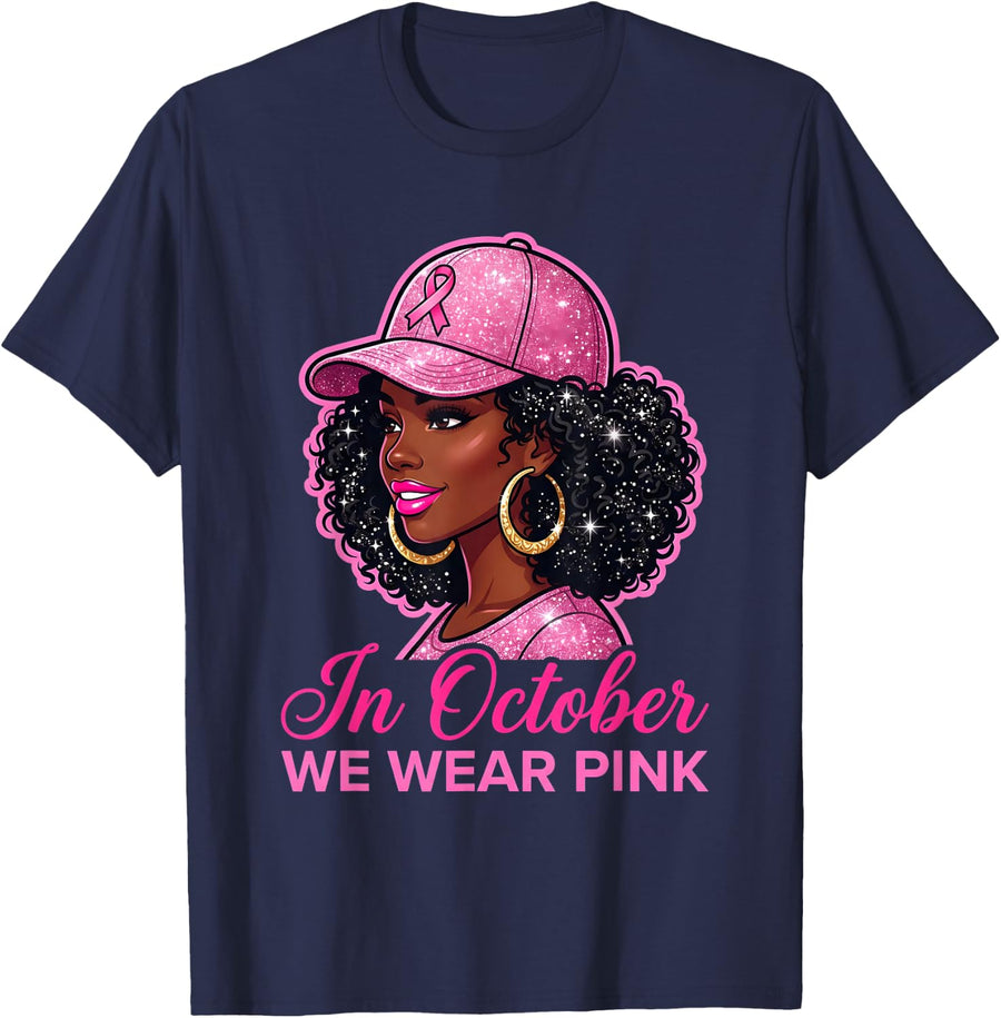 in October We Wear Pink Black Woman Breast Cancer Awareness T-Shirt - Navy Blue