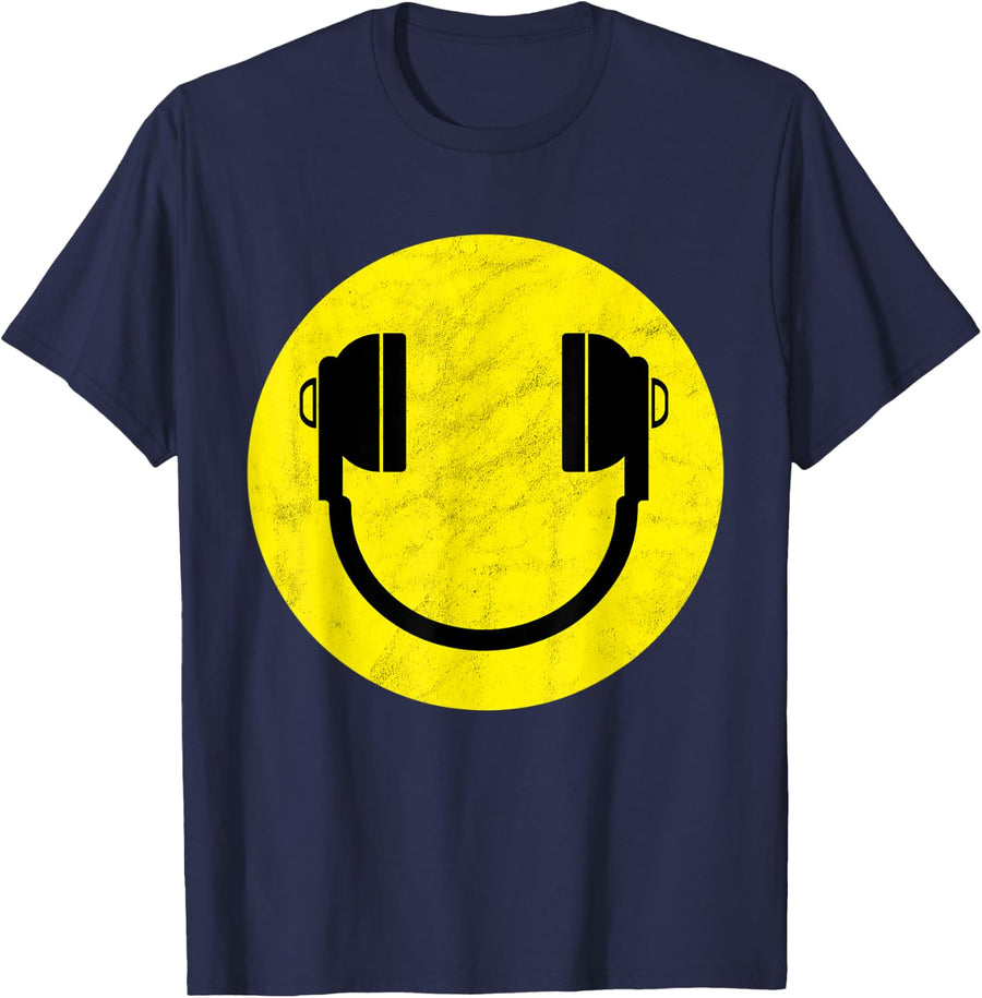 Cool DJ Smile with Headphone Design T-Shirt - Navy Blue