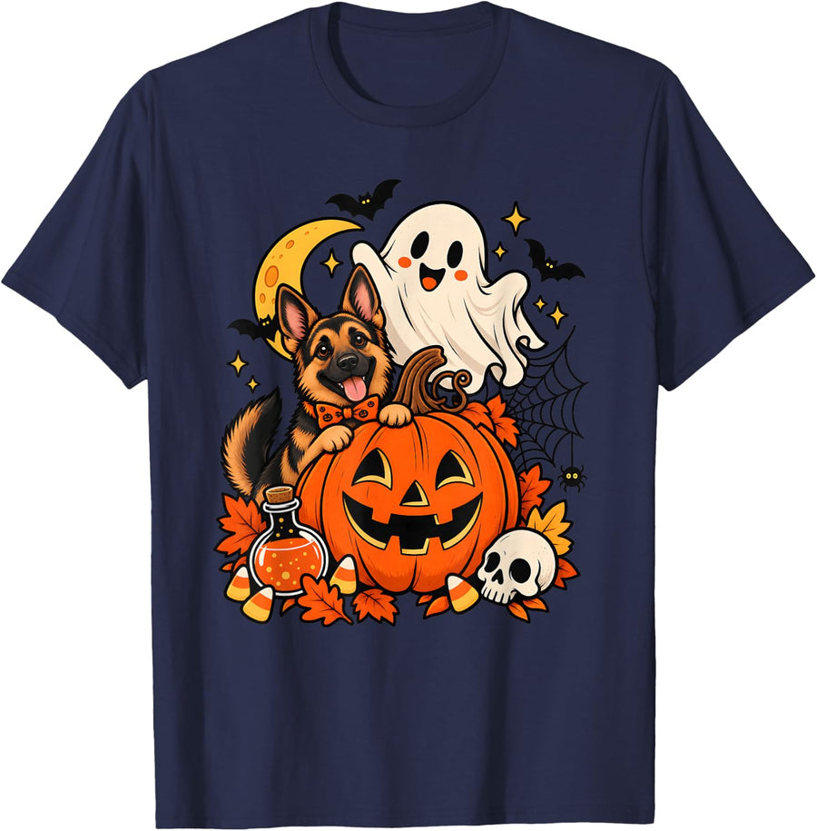 Retro Pumpkin Ghost German Shepherd Dog Pet Lover Halloween T-Shirt - Navy Blue