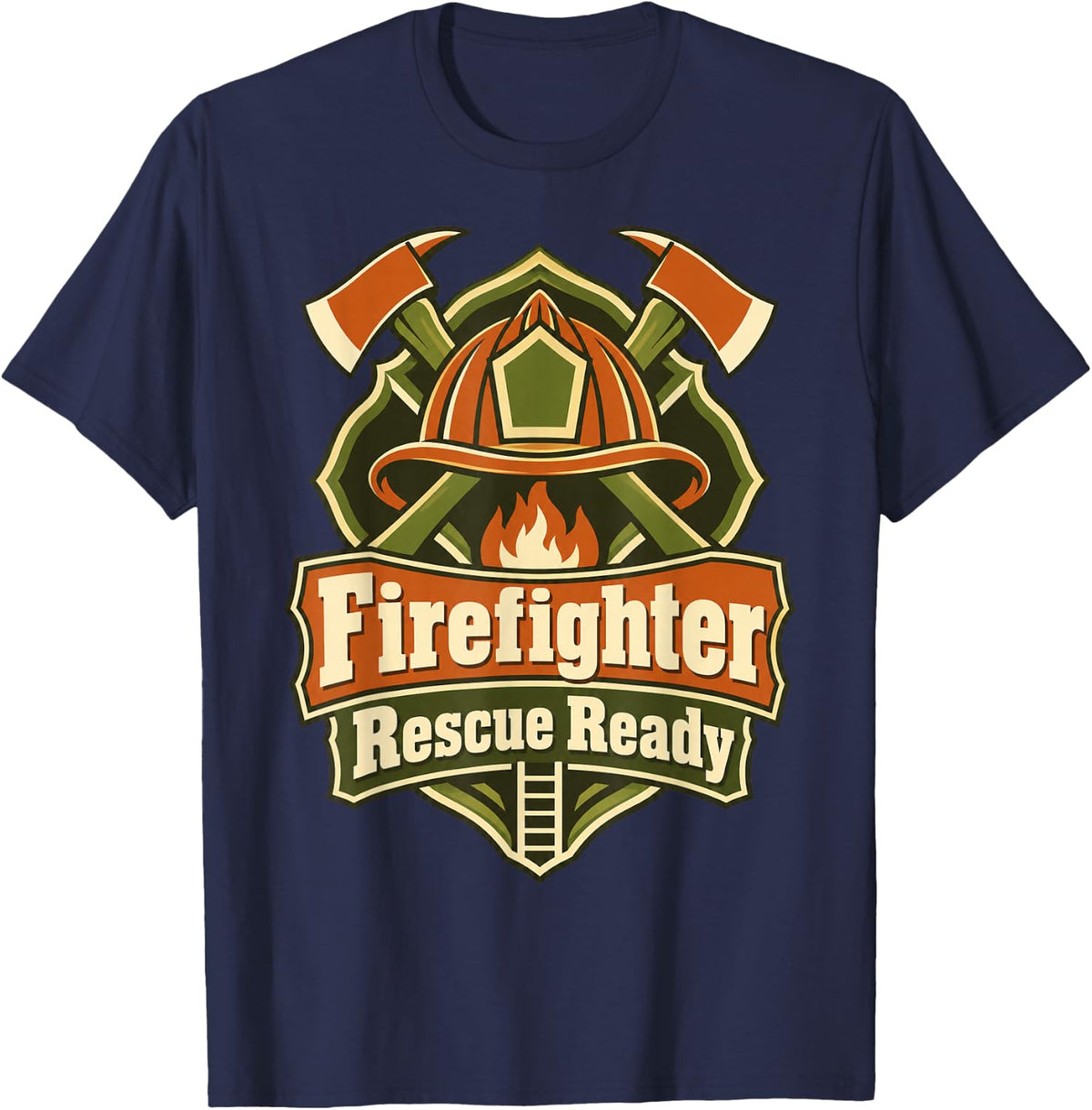 Firefighter Rescue Ready Helmet Axe Badge T-Shirt - Navy Blue