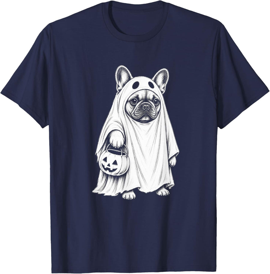 French Bulldog Halloween Dog Lover Spooky Ghost Frenchie T-Shirt - Navy Blue