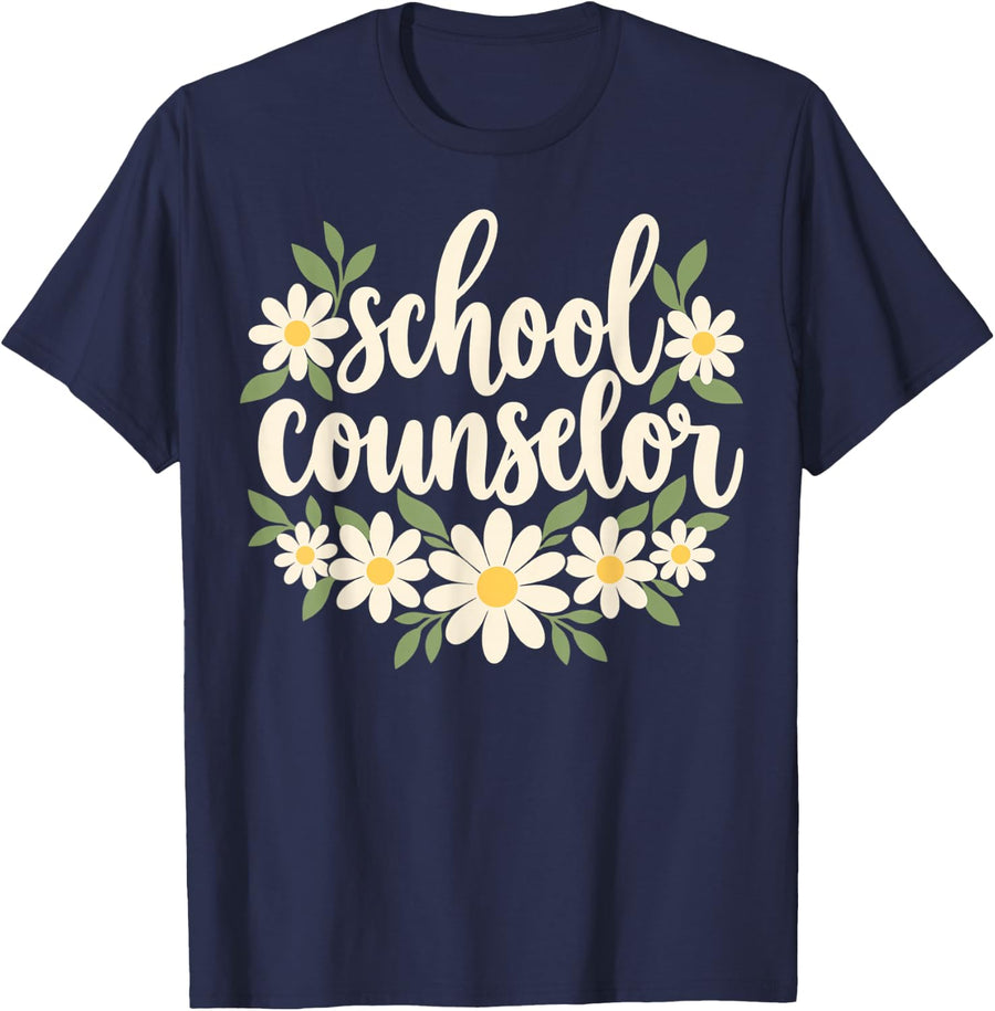 School Counselor Daisy Flowers T-Shirt - Navy Blue