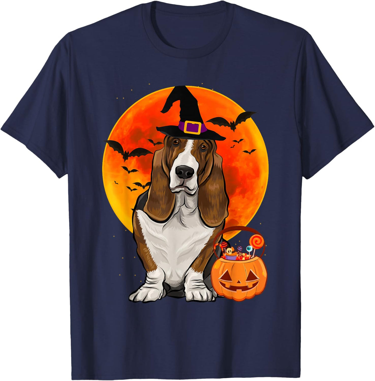Dog Halloween Basset Hound Jack O Lantern Pumpkin Men Women T-Shirt - Navy Blue