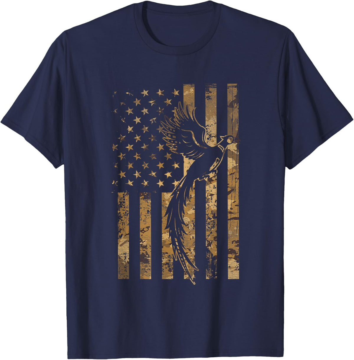 Pheasant Bird Hunter American Flag Camouflage Pheasant Hunt T-Shirt - Navy Blue
