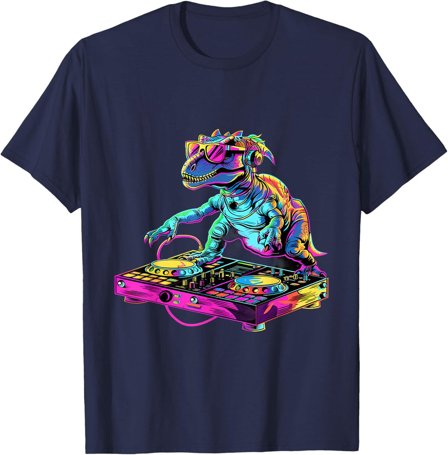 Dinosaur Music DJ Dance Club Turntable DJ Dinosaur DJ Dino T-Shirt - Navy Blue