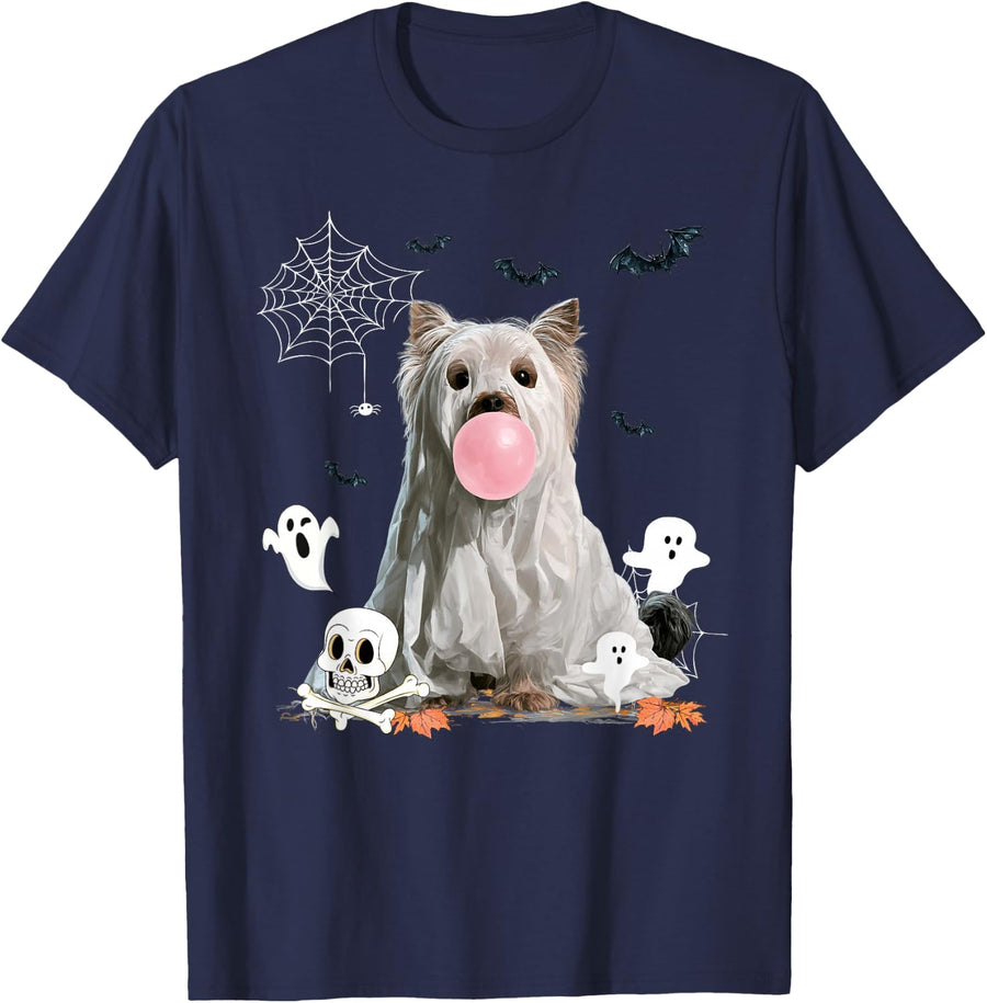 Yorkshire Dog Ghost Dressed Funny Halloween Dog Lover T-Shirt - Navy Blue